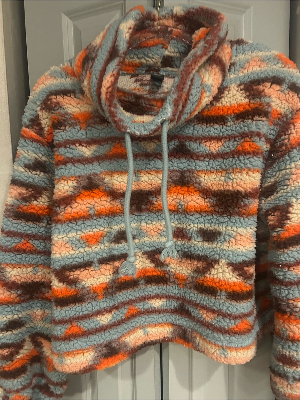 wild fable Striped Sherpa Cowl Neck Sweater in Light Blue, Orange, Brown